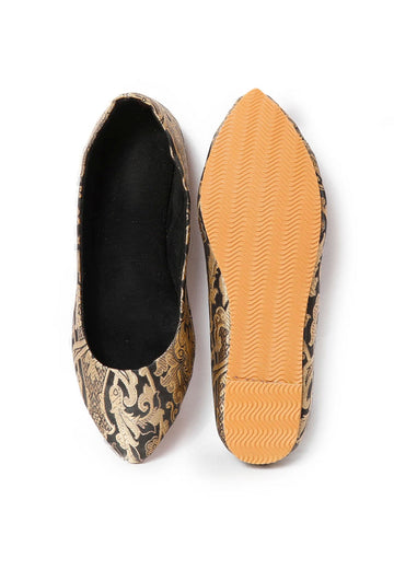 Black Pointed Toe Brocade Ballerina Flats